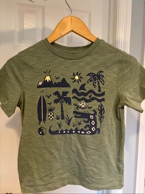 Kids Olive Green Short Sleeve Tee with Navy Island Print